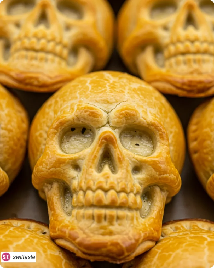 Skull Chicken Pot Pies close‑up with flaky crust