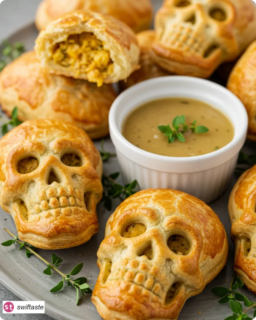 Serving Skull Chicken Pot Pies with gravy
