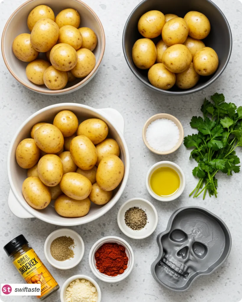 Ingredients for Skull Potato Bites with spices and baby potatoes