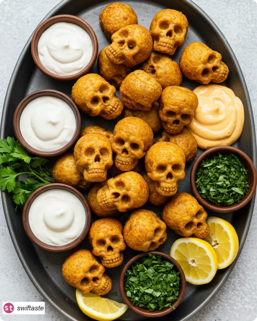Skull Potato Bites served with dips and herbs
