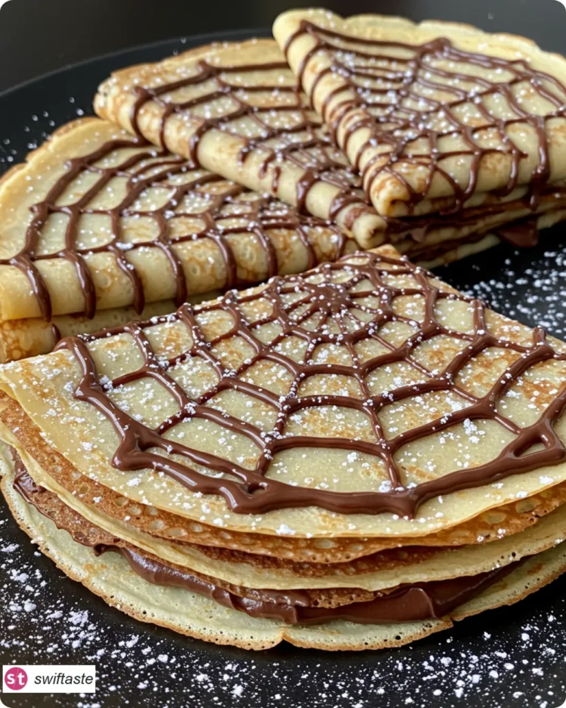 Spiderweb Crepes Treat lacy crepe webs with chocolate drizzle