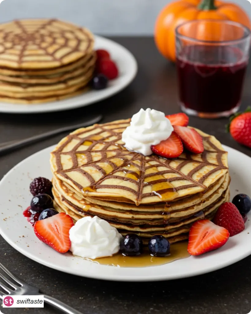 Spiderweb Crepes Treat plated with toppings and crisp webs