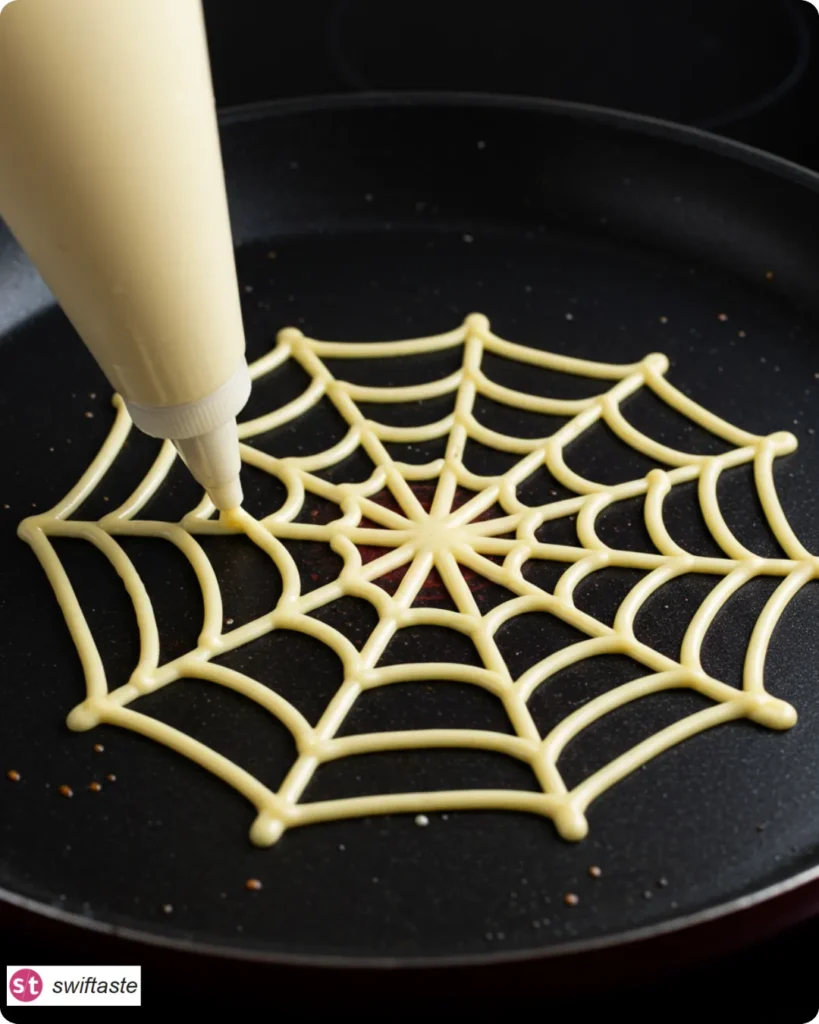 Spiderweb Crepes Treat batter piped into spiderweb on pan