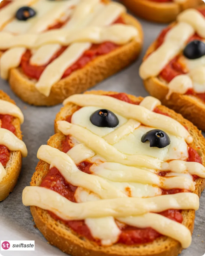 Spooky Mummy Toast with mozzarella bandages and olive eyes