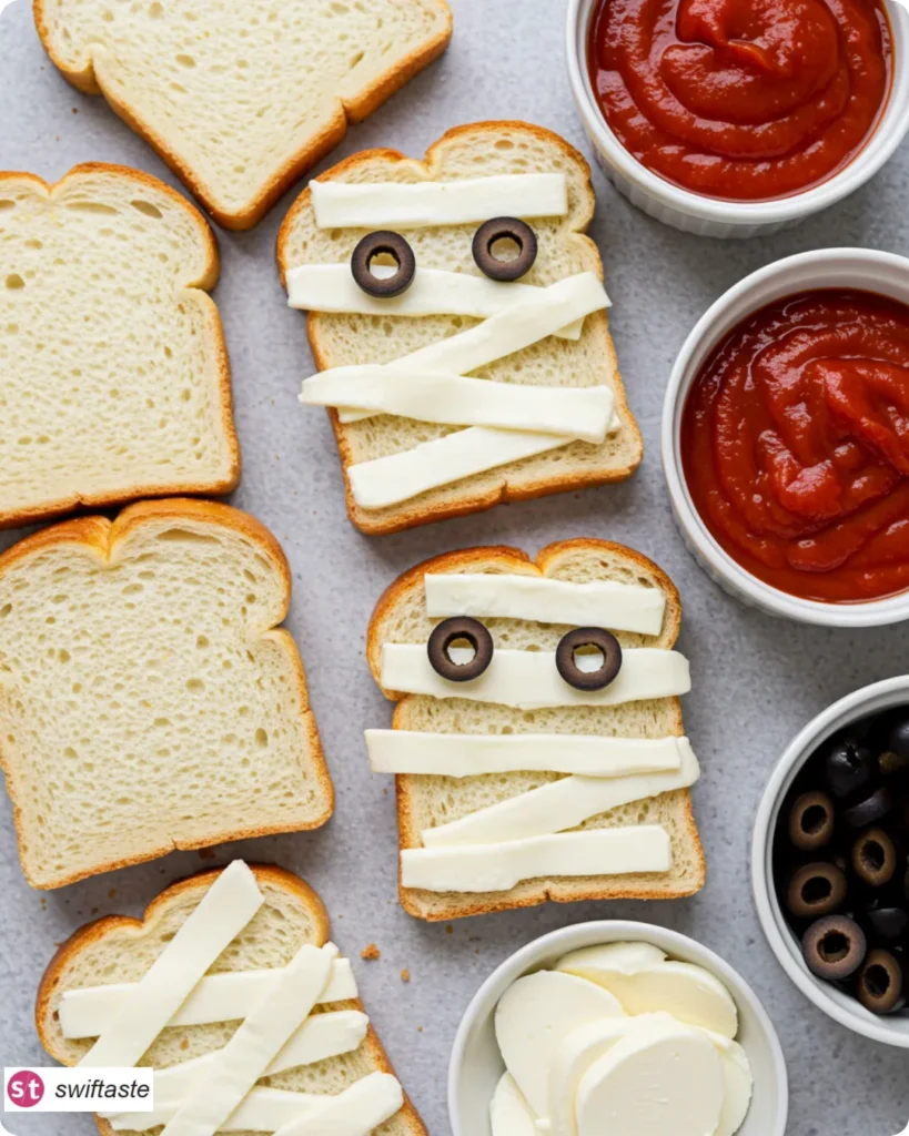 Ingredients for Spooky Mummy Toast with mozzarella strips and olives