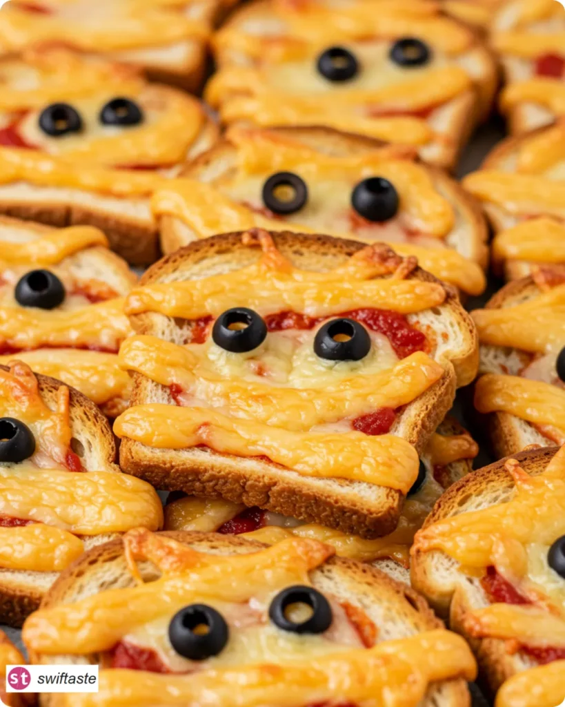 Platter of Spooky Mummy Toast with melted mozzarella bandages
