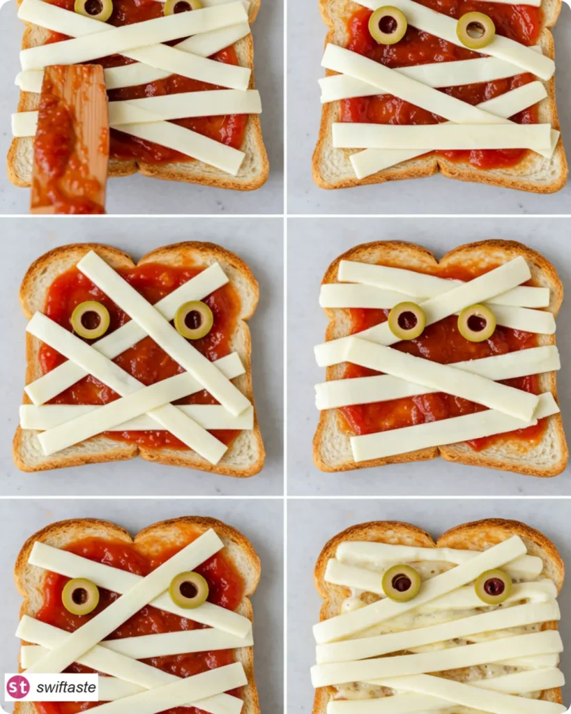 Step-by-step Spooky Mummy Toast with sauce, cheese strips, and olive eyes