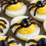 Spooky Spider Deviled Eggs with olive spiders close-up