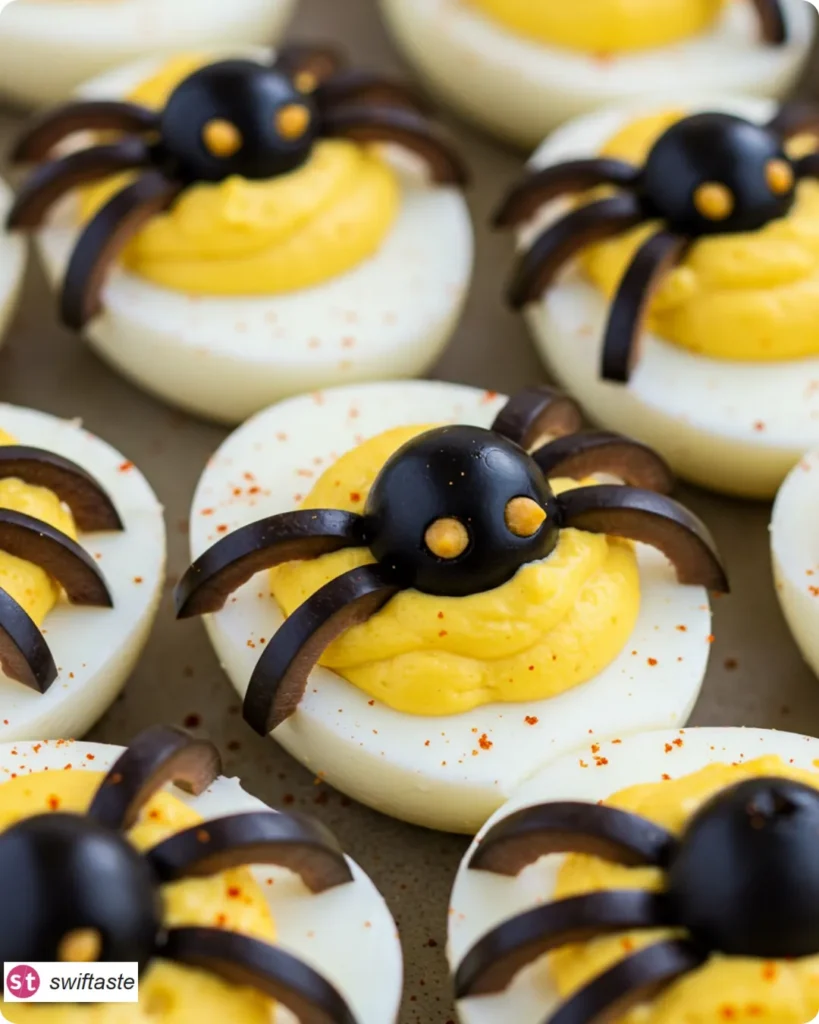 Spooky Spider Deviled Eggs with olive spiders close-up