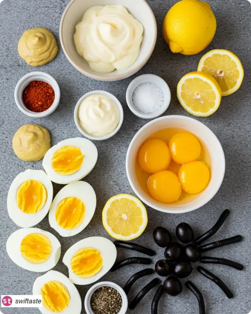 Ingredients for Spooky Spider Deviled Eggs with olives and paprika