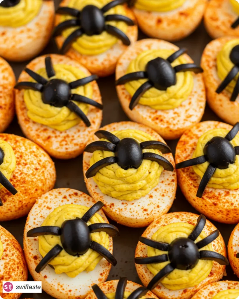 Platter of Spooky Spider Deviled Eggs ready to serve