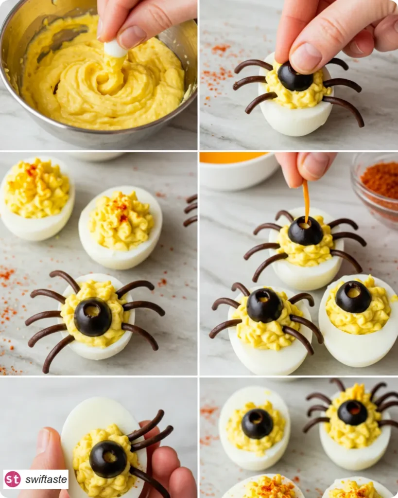 Steps making Spooky Spider Deviled Eggs with olive spiders