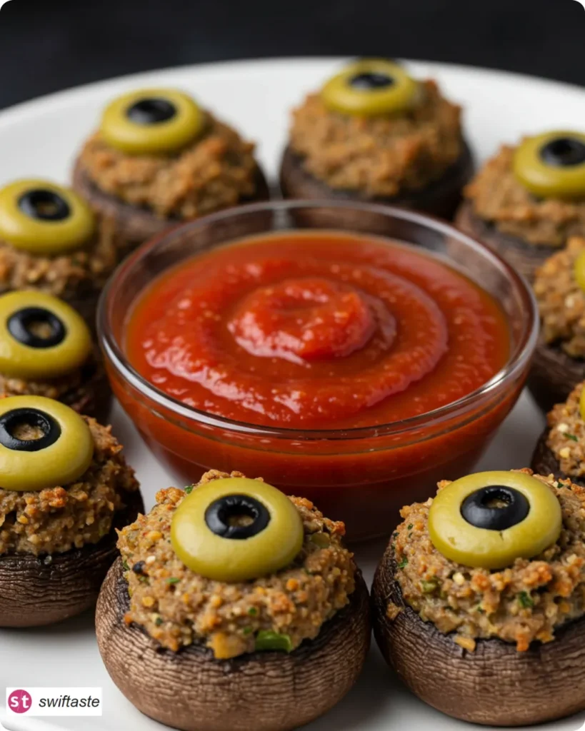 Serving Spooky Stuffed Mushroom Eyeballs with marinara