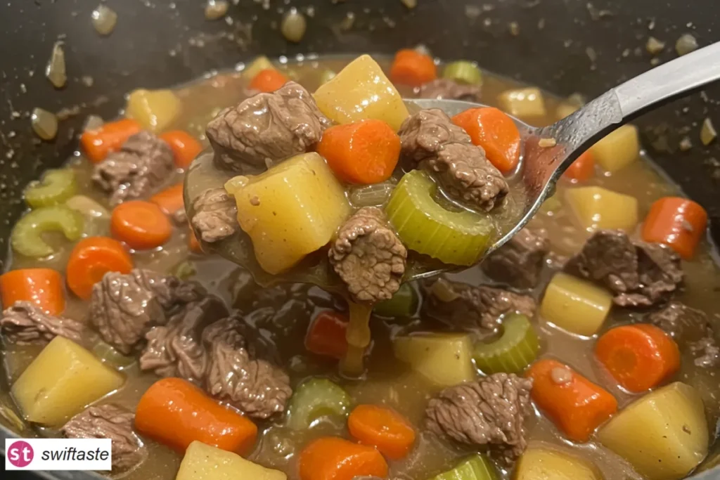 Stovetop Beef Stew Without Wine close-up with beef, potatoes, and carrots