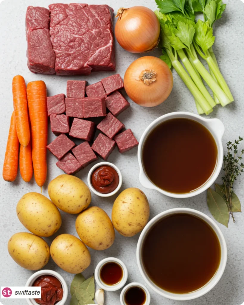 Ingredients for Stovetop Beef Stew Without Wine arranged flat-lay.