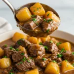 Stovetop Beef Stew Without Wine served in a bowl with parsley