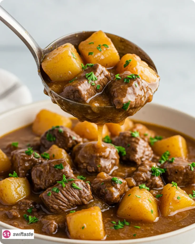 Stovetop Beef Stew Without Wine served in a bowl with parsley