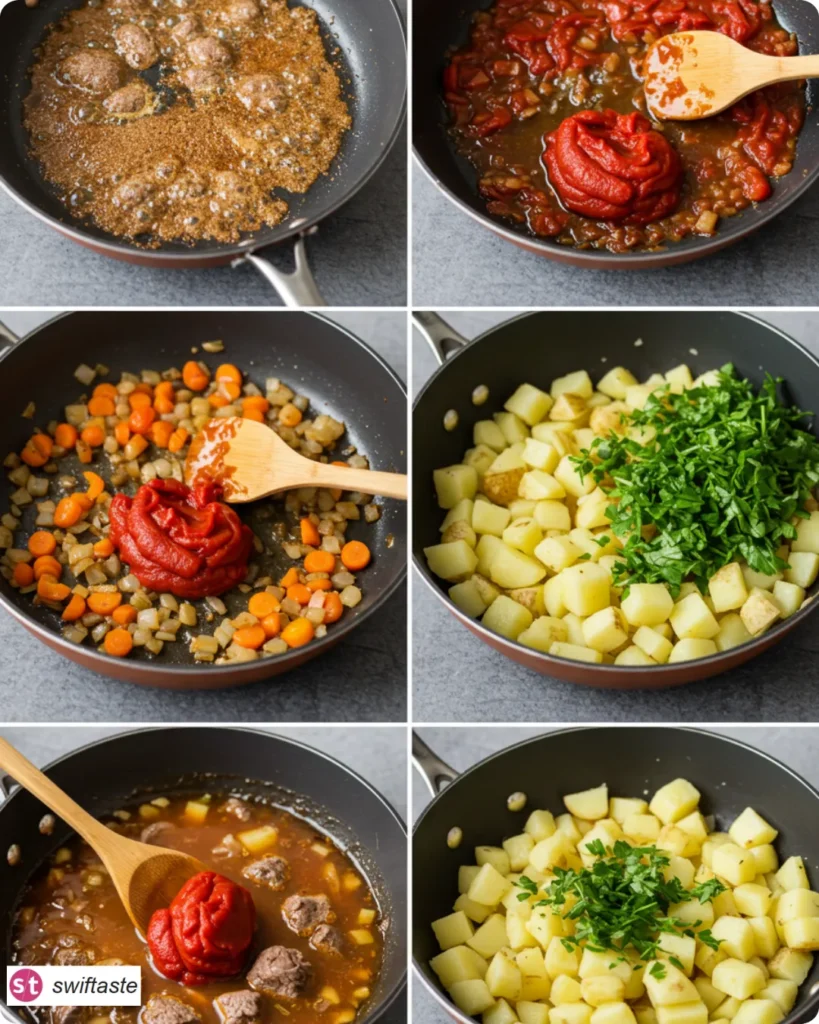 Steps for Stovetop Beef Stew Without Wine: brown, sauté, simmer, finish