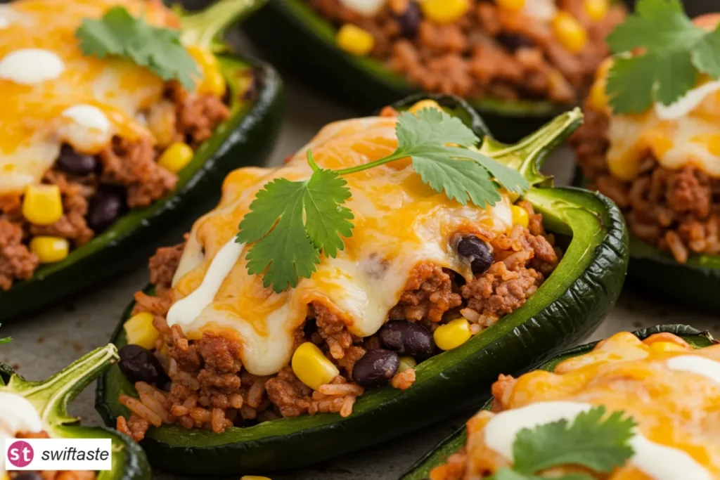 Stuffed Poblano Peppers with beef, rice, beans, and melted cheese