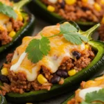 Stuffed Poblano Peppers with beef, rice, beans, and melted cheese