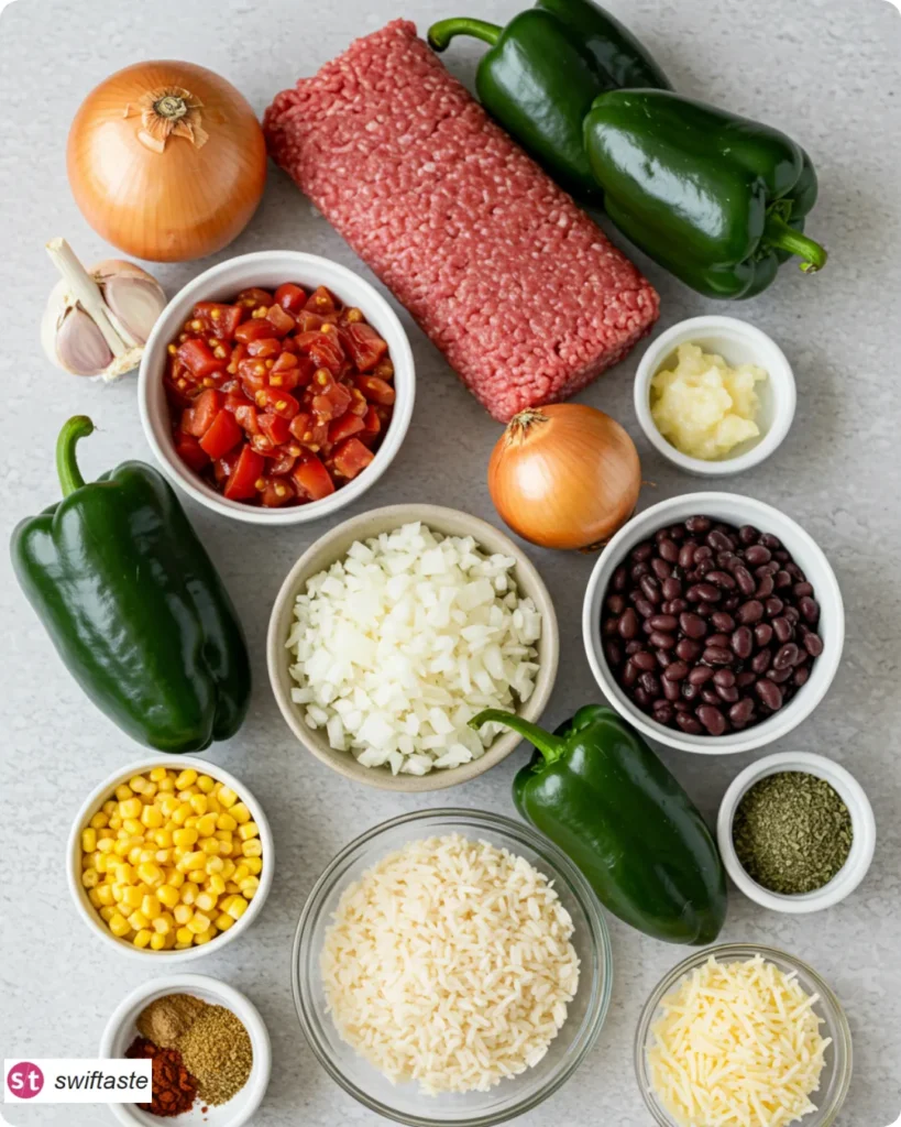 Ingredients for Stuffed Poblano Peppers arranged flat-lay