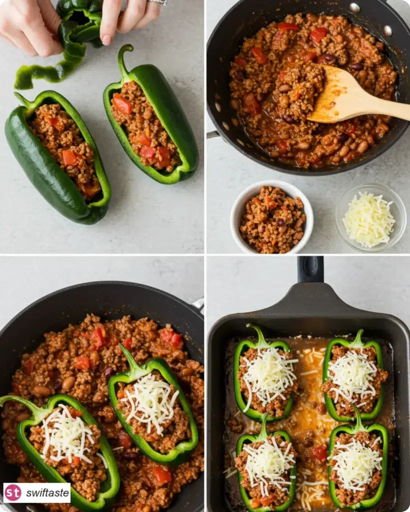 Steps for Stuffed Poblano Peppers: roast, fill, bake