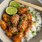 Sweet Chili Chicken served over rice with lime and sesame