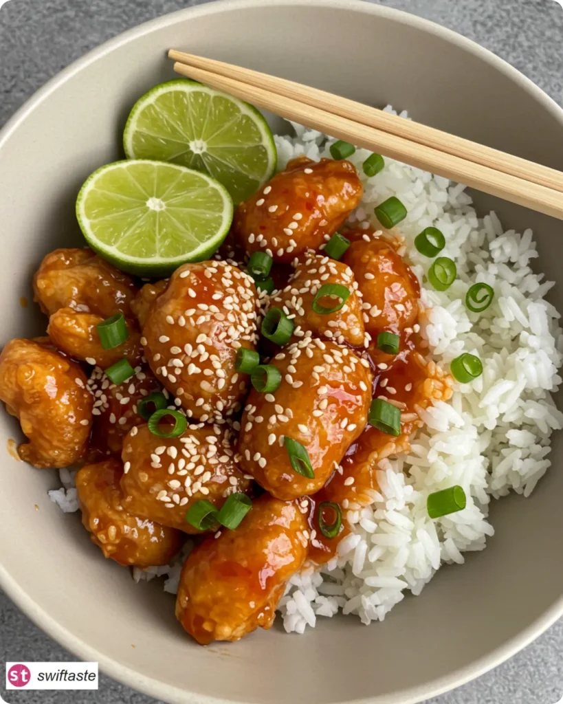 Sweet Chili Chicken served over rice with lime and sesame