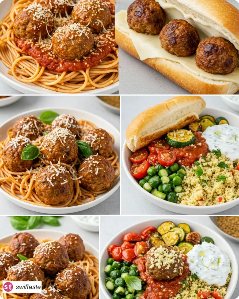 Air Fryer Turkey Meatballs served with pasta, sub, and bowls