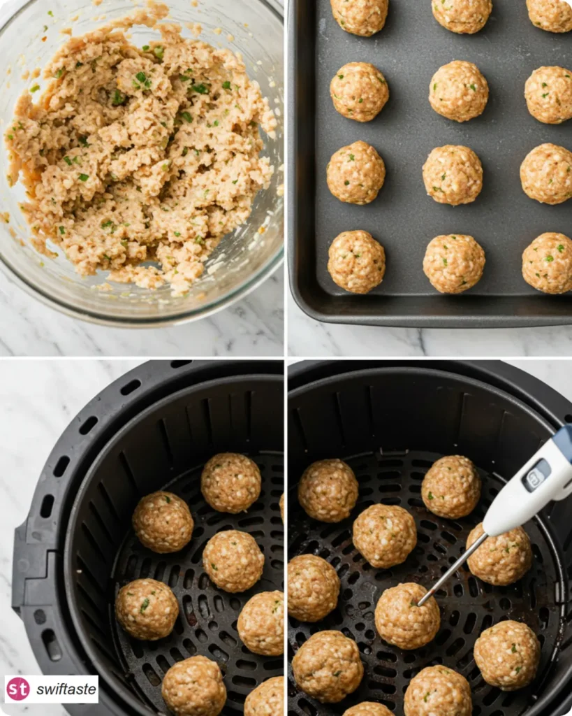 Air Fryer Turkey Meatballs step-by-step from mix to 165F