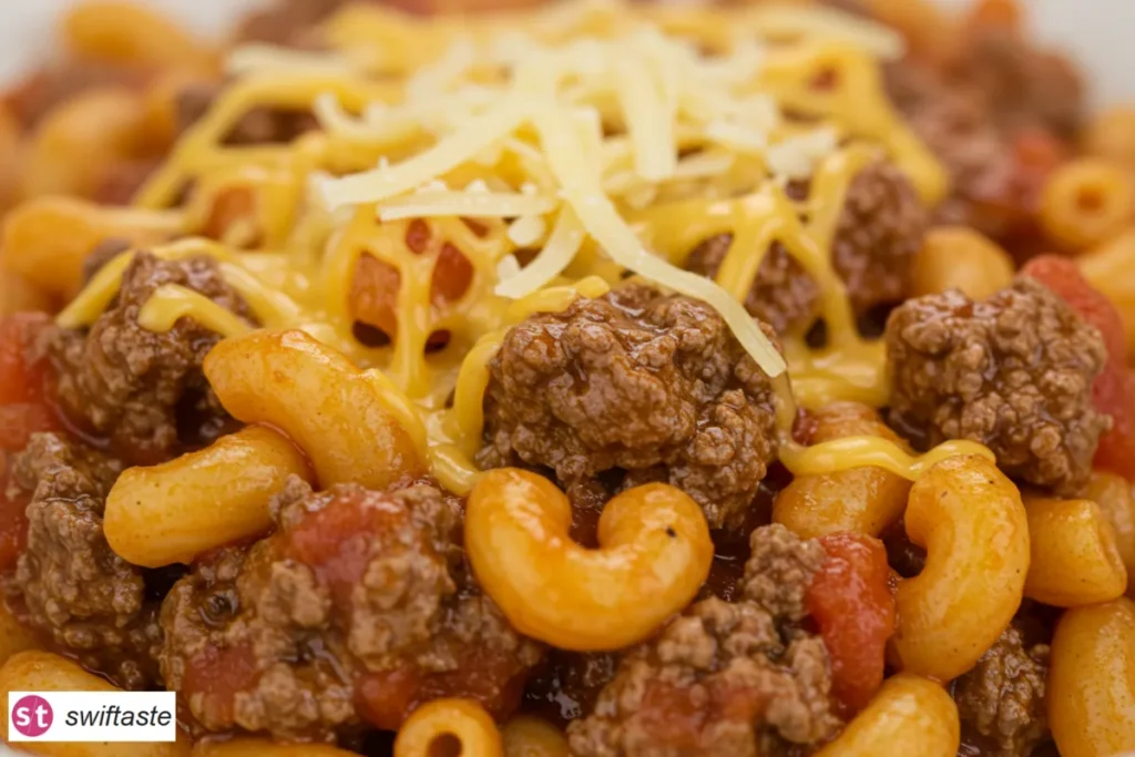 American Goulash close-up with tomato-beef sauce and pasta