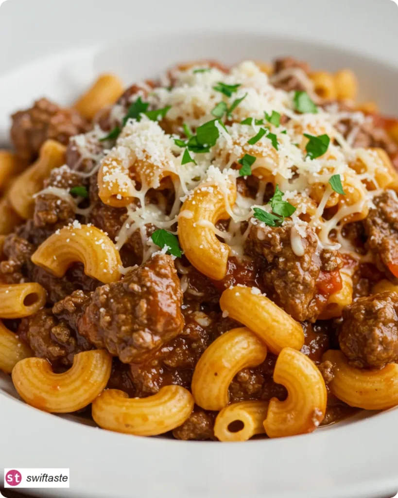 American Goulash served in a bowl with Parmesan
