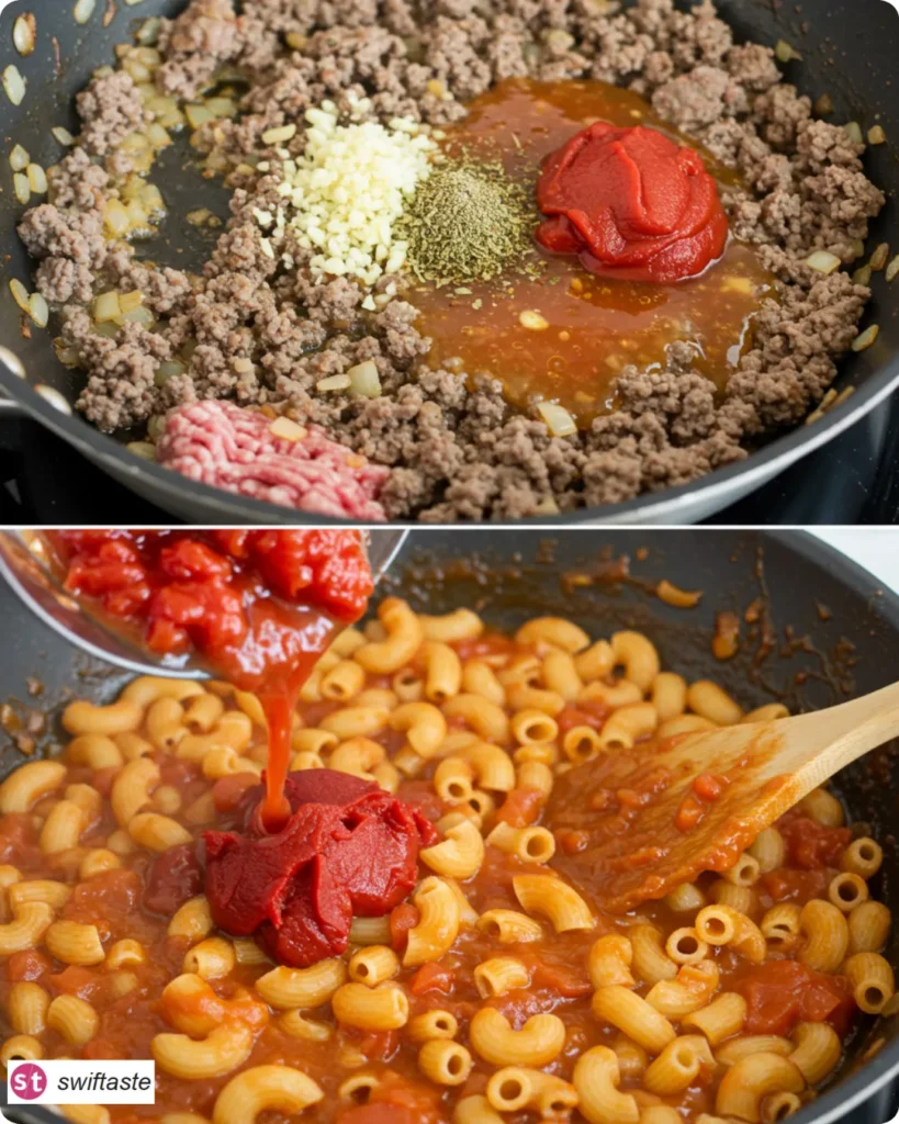 American Goulash cooking steps close-up collage