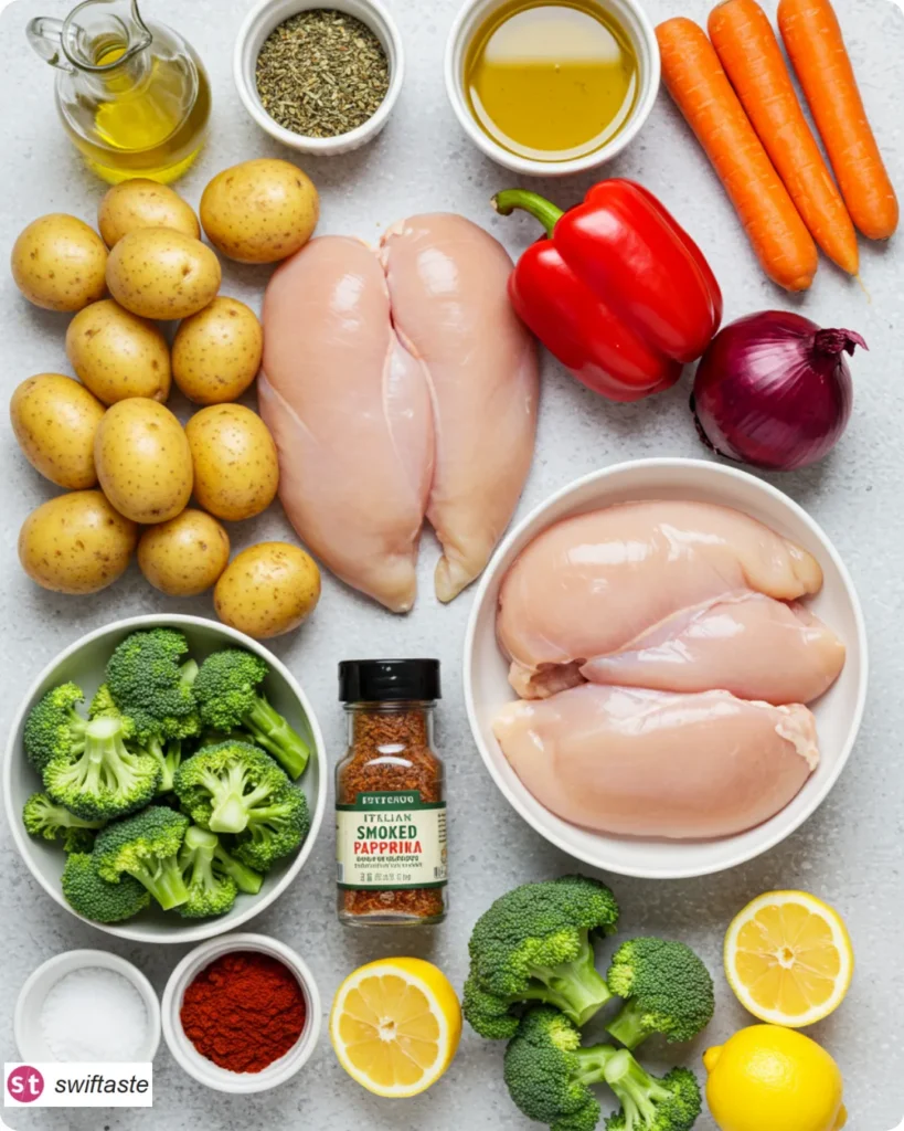 Ingredients for Chicken and Veggies arranged overhead