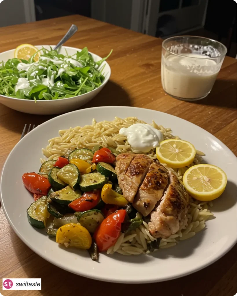 Chicken and Veggies served with orzo and salad