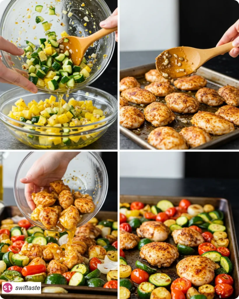 Steps for Chicken and Veggies: season, roast at 425°F, broil to finish