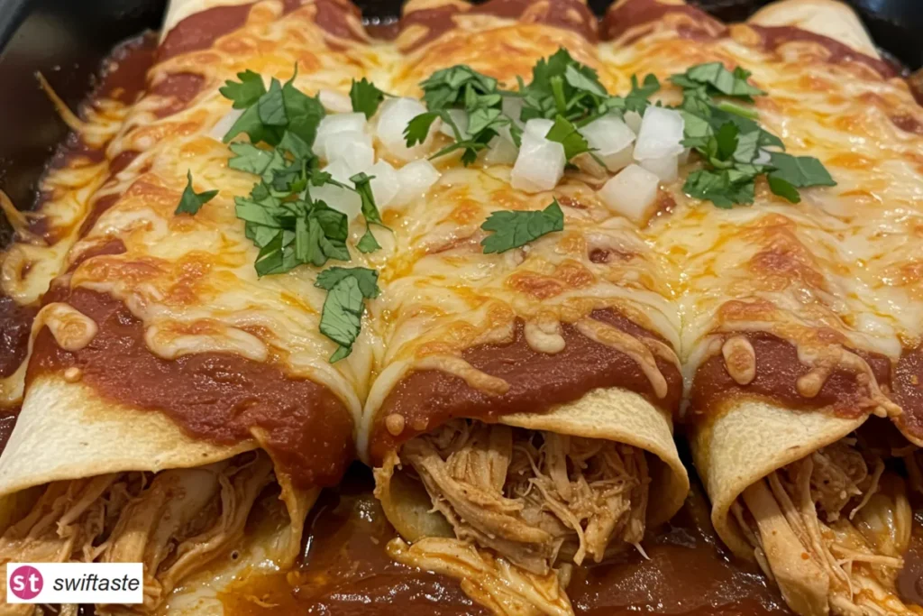 Chicken Enchiladas with red sauce and melted cheese