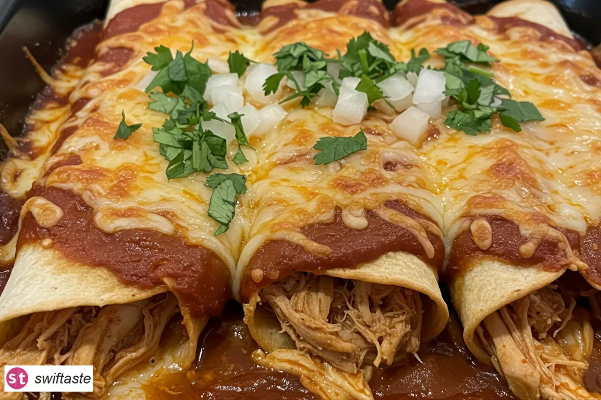 Chicken Enchiladas with red sauce and melted cheese