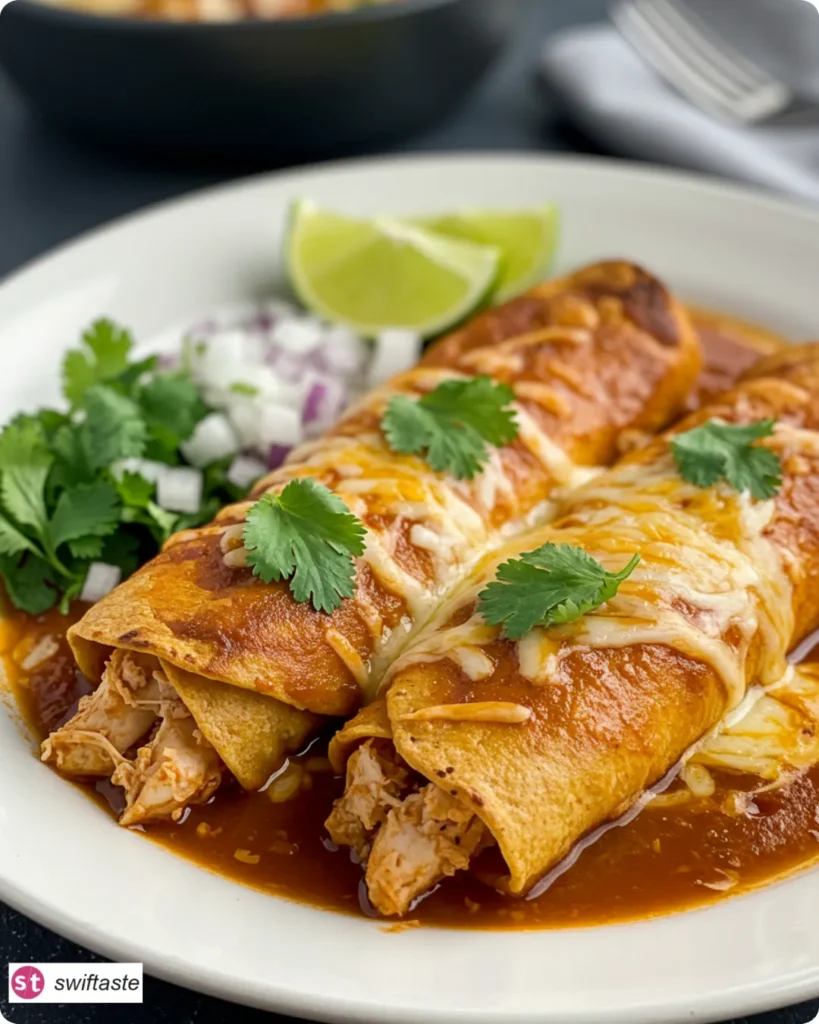 Plated Chicken Enchiladas with cilantro and lime