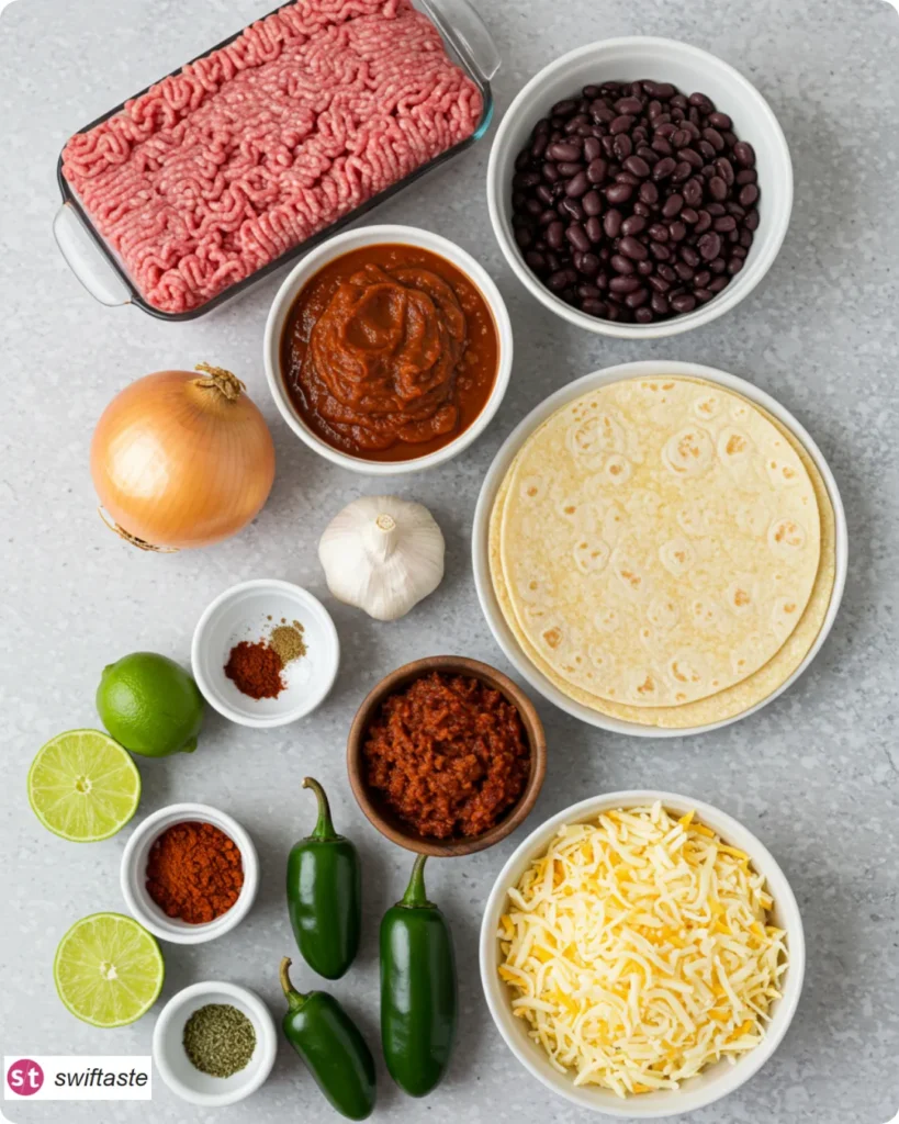 Ingredients for Ground Beef Enchilada Casserole including beef, tortillas, sauce, and cheese