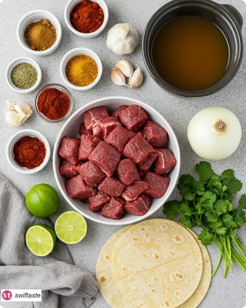 Ingredients for Crock Pot Shredded Beef Tacos including chuck roast and spices