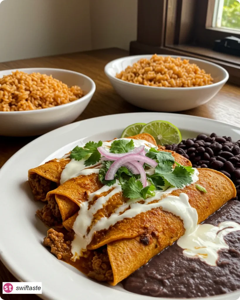 Ground Beef Enchiladas served with rice, beans, and toppings