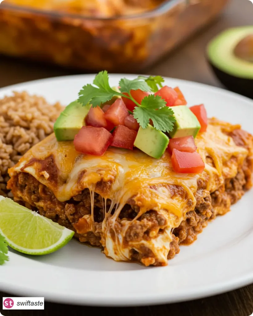 Plated Ground Beef Enchilada Casserole with toppings and sides