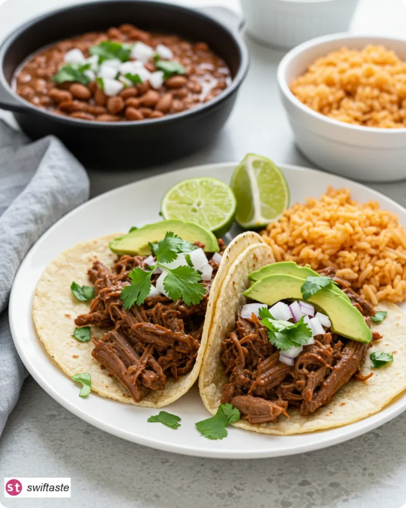 Plated Crock Pot Shredded Beef Tacos with rice and beans