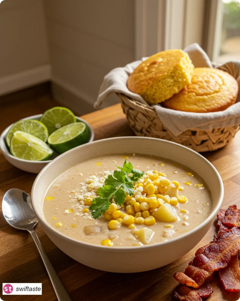 Creamy Poblano Corn Chowder with Potatoes served with cornbread and toppings