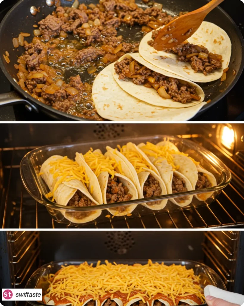 Steps for Ground Beef Enchiladas from browning to baking