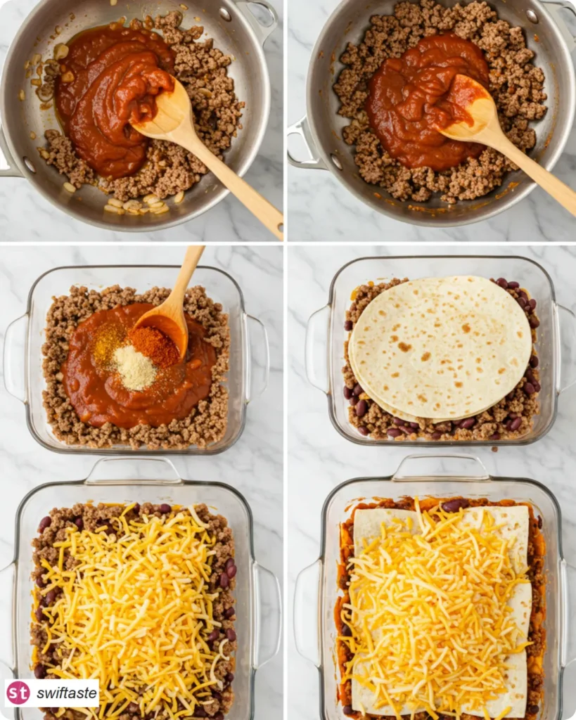 Step-by-step Ground Beef Enchilada Casserole from cooking beef to layering and baking