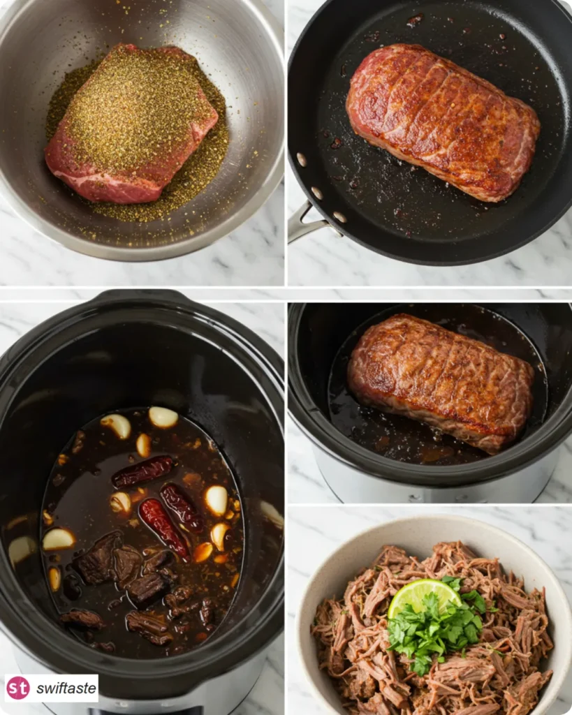 Step-by-step Crock Pot Shredded Beef Tacos from seasoning to shredding