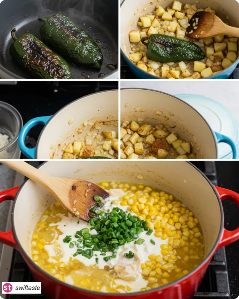 Steps for Creamy Poblano Corn Chowder with Potatoes from char to simmer
