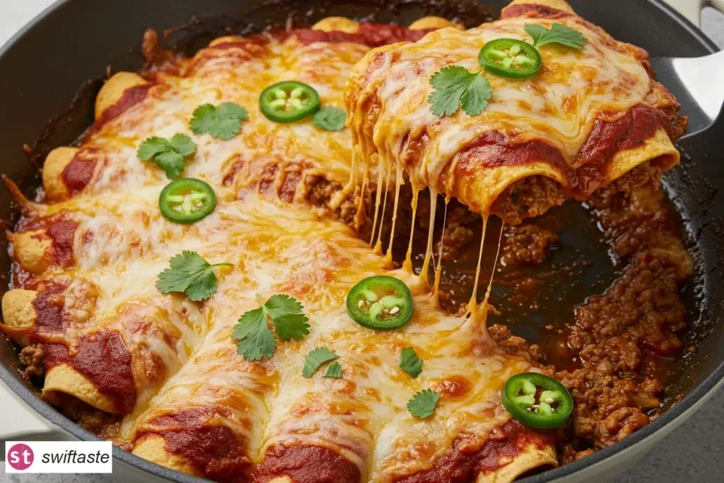 Ground Beef Enchiladas baked with red sauce and melted cheese